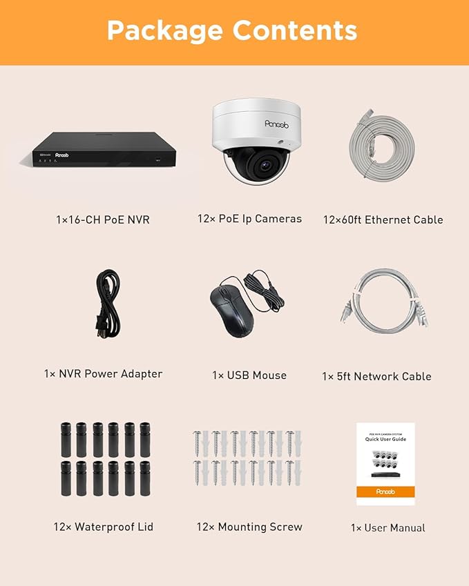 16 Channel Security Camera System Outdoor, 4K 16CH NVR 4TB HDD for 24-7 Recording, 12x 5MP Wired IK-10 Vandal Dome PoE Camera Built-in Mic, AI Human Detection, Remote Access, PD54A1216-5M2-1