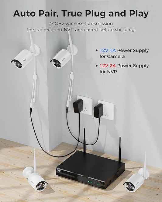 Hiseeu Wireless Pro WiFi Security Camera System, 16CH 4K NVR Kit, Plug-in Powered 12Pcs 5MP CCTV Home Security Camera System for Indoor/Outdoor, Night Vision, Waterproof, Motion Detection, 3TB HDD