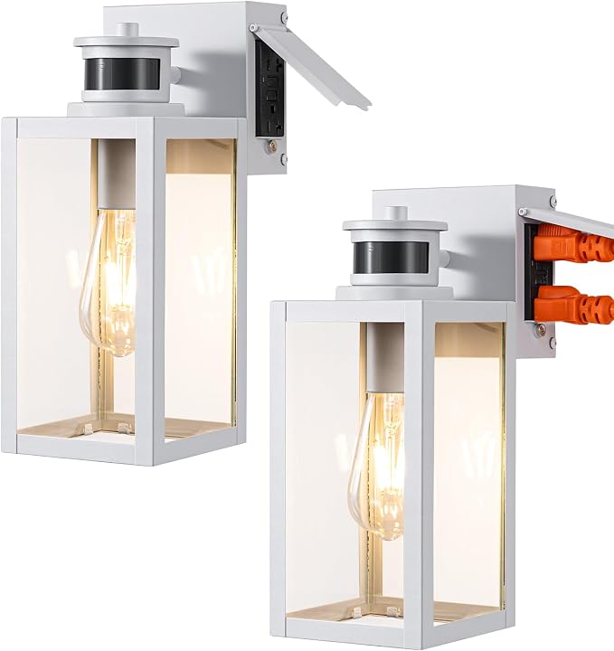 EDISHINE 2 Pack Motion Sensor Dusk to Dawn Outdoor Wall Light with Outlet