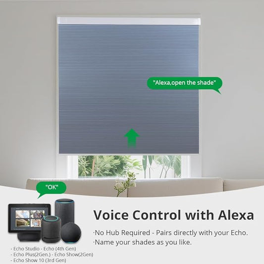 Motorized Cellular Shades with Remote Blackout Honeycomb Smart Blinds Options for Indoor Windows, Remote/Alexa/Matter Compatible, Easy DIY Installation (Light Blue Gray)