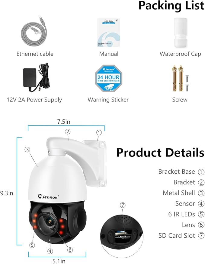 Jennov 4K 8MP POE PTZ Camera Outdoor, 20X Optical Zoom Security Camera with 360° Pan&90° Tilt, Human Detection, 320ft IR Night Vision, Auto Tracking, 24/7 Recording, Only Work with Onvif POE NVR