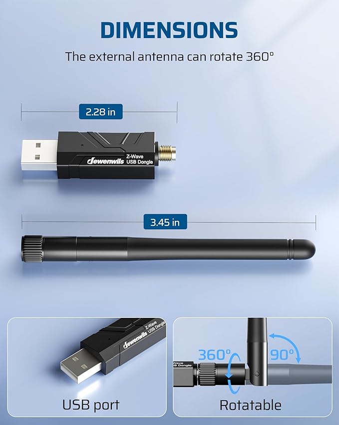 DEWENWILS 800 Z-Wave Dongle, Long Range S2 USB Stick, Compatible with Home Assistant & Other Smart Home Hubs, Plug & Play USB Controller for DIY Smart Home