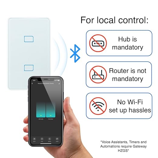 HAUZA Smart Light Switch BLE (Bluetooth) - 2 Gang Touch Panel, Hybrid Wiring (Neutral/no Neutral)-Smart Life App, Compatible with Voice Assistants and Internet Features Through Hauza Gateway