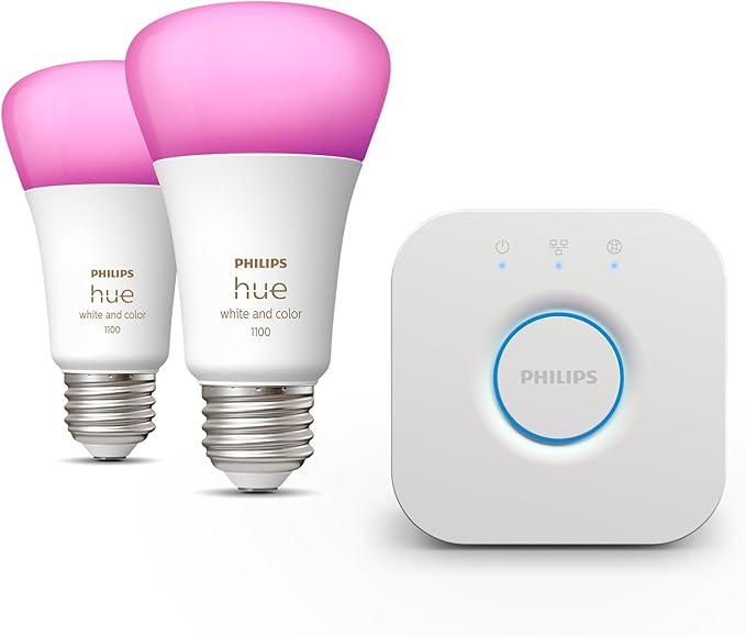 Philips Hue White and Color Ambiance A19 Bluetooth 75W Smart LED Bulb 2-Pack & Bridge Smart Lighting Hub (Compatible with Amazon Alexa, Apple HomeKit and Google Assistant) - White