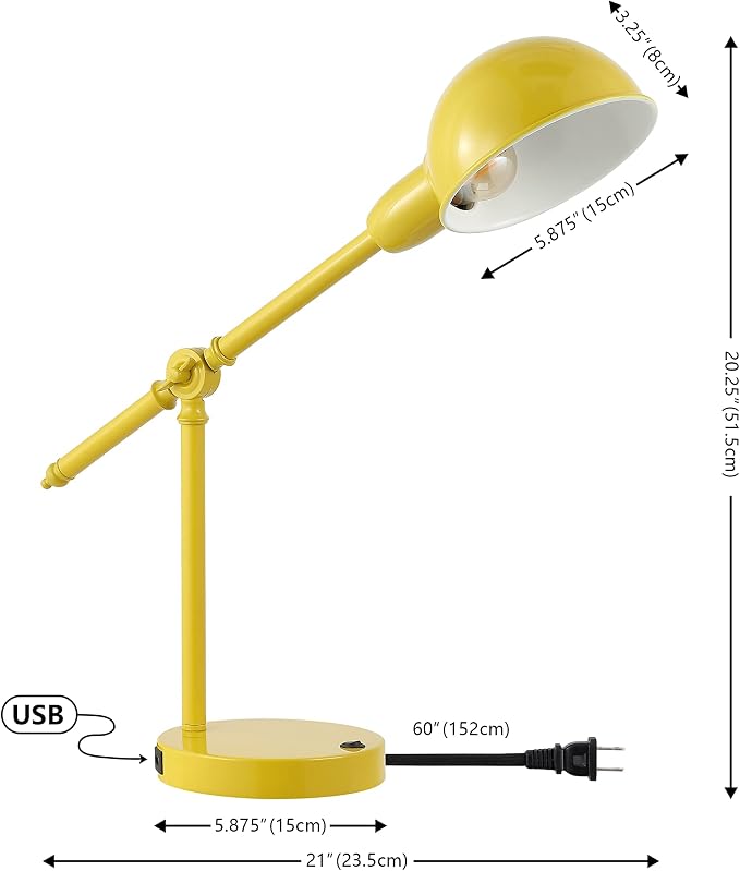 JONATHAN Y 20.25" Yellow Vintage Industrial Iron Adjustable Task Lamp with USB Charging Port for Office Desk, Metal Yellow Dome Shade, LED Bulb Included (JYL7123C)