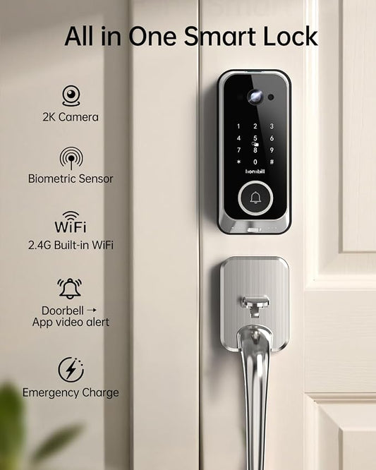 Smart Front Door Lock Sets: 2K HD Camera Lock with Doorbell Kits, Hornbill Fingerprint Keyless Entry Door Lock with Handles, WiFi Deadbolt (only 2.4G) for Remote Control, Auto Lock,Satin Nickel