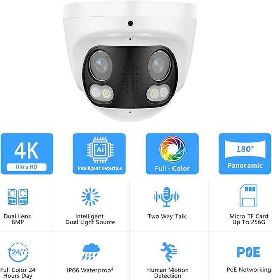 4K 8MP Dual Lens PoE IP Security Camera with 180° Ultra Wide Viewing Angle, 2 Way Talk, Human Detection, SD Card Slot(256GB), Full Color/IR2.0 Night Vision, Compatible with Third-Party NVRs