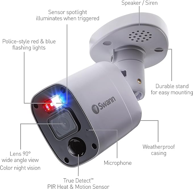 Swann Add-On DVR Flashing Light Bullet Camera with Sensor Spotlight, 4K UHD Video, Indoor or Outdoor Design, Dusk to Dawn Color Night Vision Plus True Detect Heat, Motion Detection, and One Way Audio