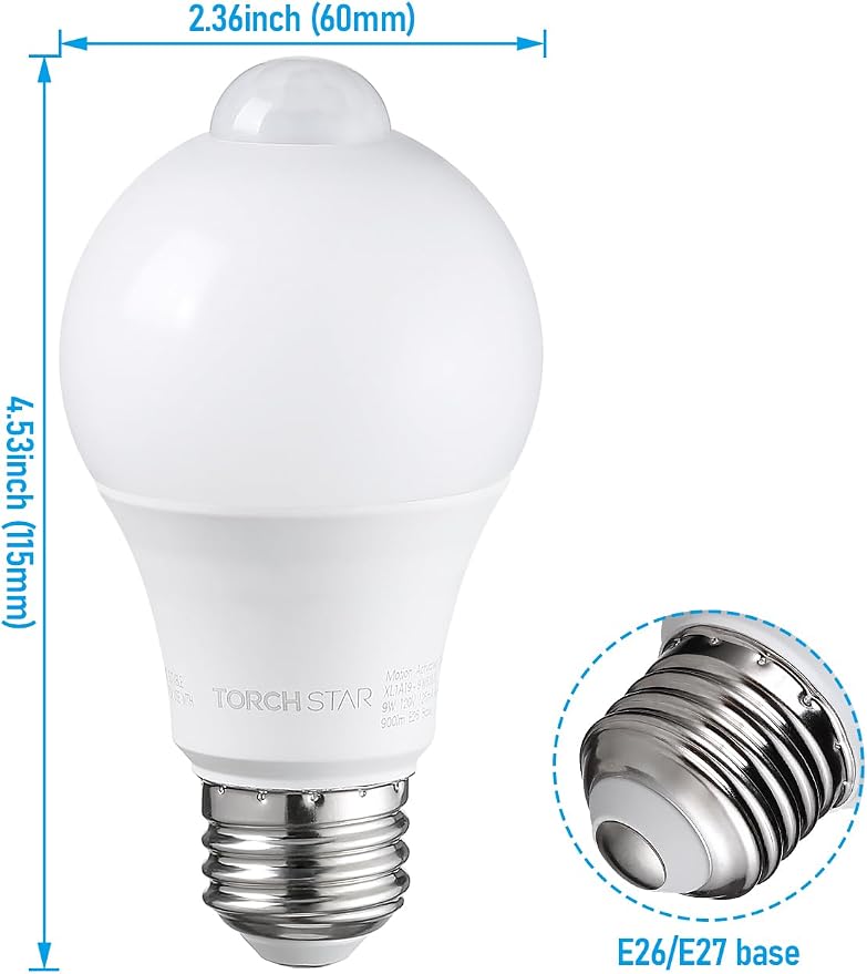 TORCHSTAR 2-Pack A19 Motion Sensor LED Light Bulb, 900LM, E26 6000K
