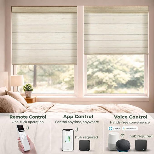 ZSHINE Motorized Linen-Look Roller Shades for Windows, Rechargeable Smart Light Filtering Blinds Compatible with Alexa (82191C)