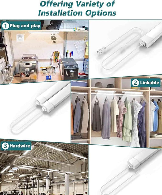 LED Tube Light Fixture with Plug, 2FT 2000LM 5000K Utility Shop, Linkable Cabinet for Garage, Kitchen, Bathroom, Closet, Office - 2Ft, Triproof, White