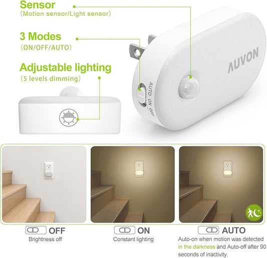 AUVON Night Light Plug in with Motion Sensor (120 Lumens), Dimmable Smart LED Night Lights, 1-120lm Brightness, for Bathroom, Hallway, Garage, Toilet (4 Pack)