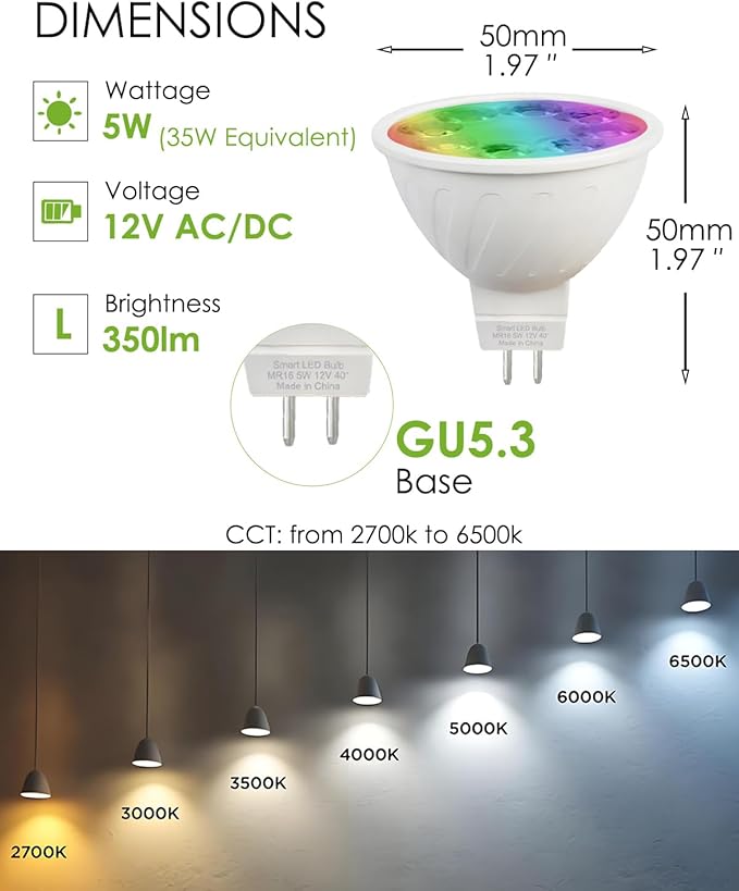 MR16 LED Bulb Color Changing MR16 Smart LED Bulb Wifi Color Changing Light Outdoor Compatible With Alexa Google Assistant, 16 Million Colors Rgbcw, 2.4Ghz Wifi & Bluetooth, Music Sync,2-Pack