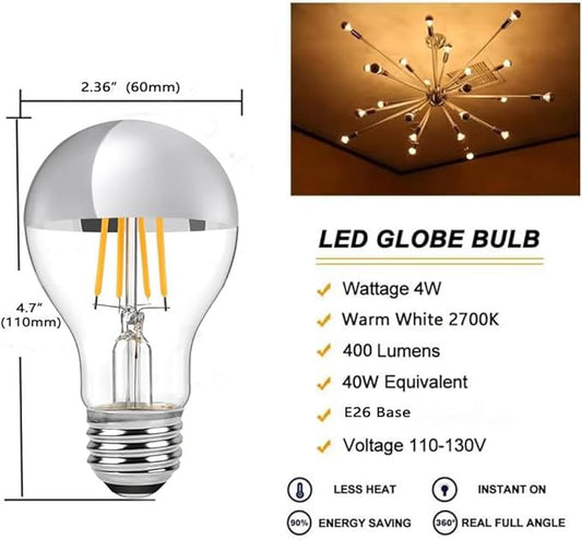 Half Chrome LED Light Bulb 4W (40 Watt Equivalent), Dimmable A19 E26 2700K Warm White Decorative Edison Bulb, Silver Mirror Reflected Light, Pack of 2