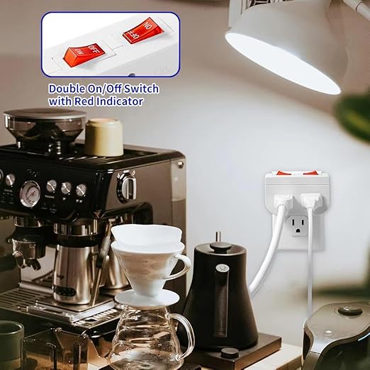 Grounded Outlet with On Off Switch, Double Port Electrical Outlet Plug Switch, for Cruise Ship, Hard-to-Reach Lamps, Kitchen Appliances, Energy Efficient, 1875W/15A, ETL Listed, White, 3 Pack