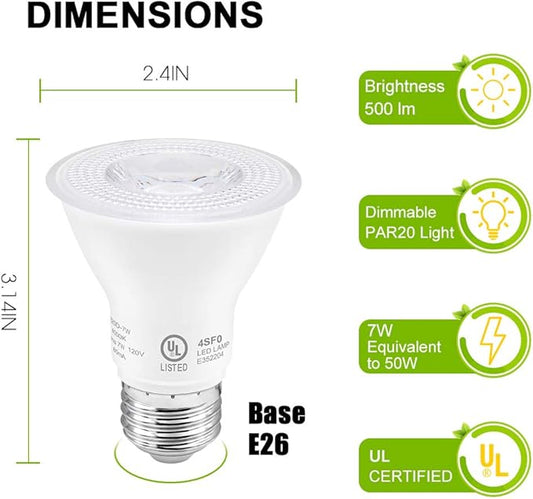 7W Par20 LED Bulb (50W Equivalent), UL Listed, 3000k Warm White Dimmable Flood Bulbs Lights, 500 Lumens, E26 Base, Recessed Lighting for Indoor Outdoor, 6 Pack