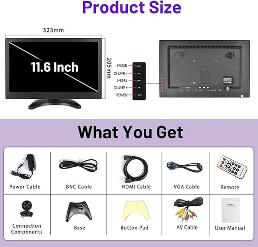 Hikity 11.6 Inch Small HDMI Monitor 1920x1080P Portable CCTV Monitors with BNC, AVI, VGA, HDMI Input Cable, Remote Control, Built-in Speakers, for PC, CCTV, Security Camera, Raspberry Pi, X-Box