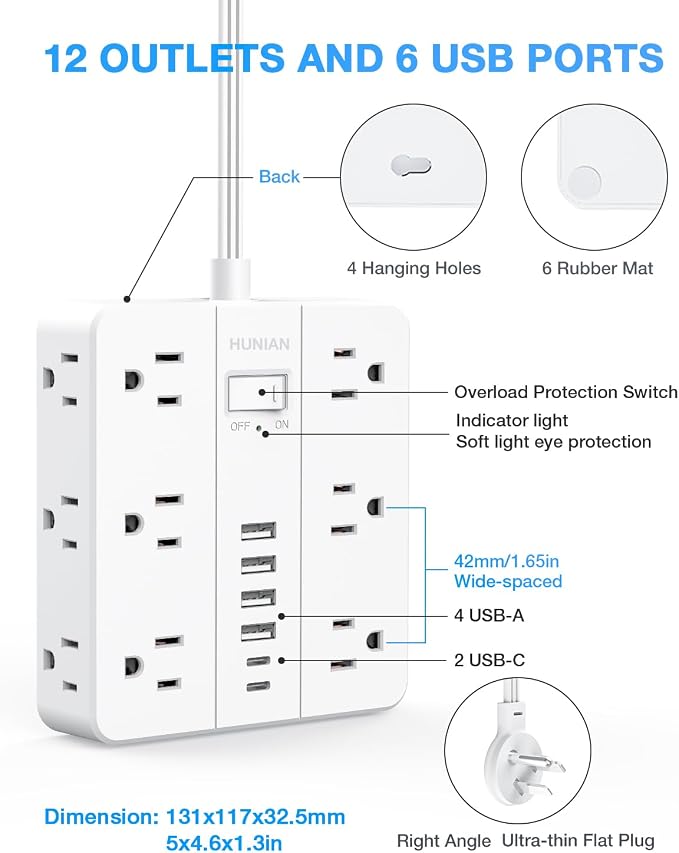 Extension Cord Power Strip, HUNIAN 10Ft Flat Plug Extension Cord | 12 Widely Spaced Multiple Outlets 6 USB (2 USB C Ports), Outlet Extender with Power Switch for Home Office Supplies, White