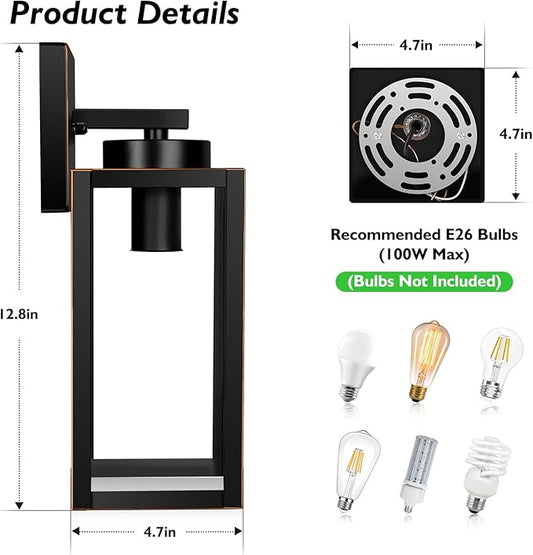 BesLowe Outdoor Wall Light Fixtures, Exterior Waterproof Wall Lanterns, Porch Sconces Wall Mounted Lighting with Glass Shades, Modern Wall Lamps for Garage Front Door Entryway, Black with Gold Trim
