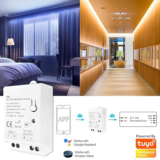 Tuya/Smart Life APP 0/1-10V WiFi Smart Dimming | Home Automation | Compatible with Alexa & Google Home | iOS Android App | No Hub Required (WiFi 0-10V Dimmer)