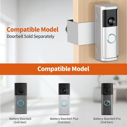 Yaluyo No-Drill Doorbell Mount with Rain Cover, Anti-Theft Door Kits | Compatible with Battery Doorbell/Plus/Pro(2026 Model),Quick Install Doorbell Camera Holder for Apartment, Silver