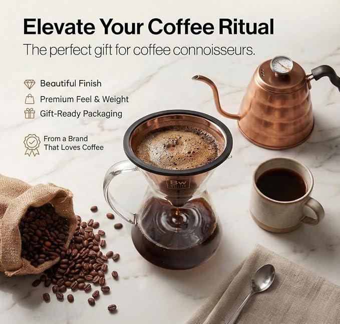 Barista Warrior Reusable Coffee Filter - Stainless Steel Pour Over Dripper, Compatible for Chemex, Hario V60 & Drippers, Easy to Clean Flavorful Brew Fine Mesh Coffee Filter - Copper