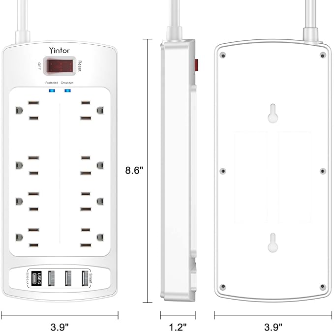 Yintar 6Ft Surge Protector Power Strip with 8 Outlets and 4 USB Ports | 6 Feet Flat Plug Extension Cord with Multiple Outlets for Home, Office, Dorm Essentials, 2700 Joules, ETL, White