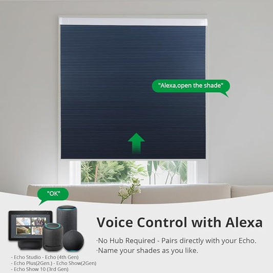 Motorized Cellular Shades with Remote Blackout Honeycomb Smart Blinds Options for Indoor Windows, Remote/Alexa/Matter Compatible, Easy DIY Installation (Blue)
