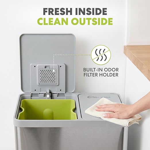 Simpli-Magic 16 Gallon (38L x 22L) Dual Compartment Step Trash Can – Kitchen Garbage Can with Waste & Recycling Bins – Slow-Close Lid, Odor Control, Hands-Free, Inner Bases, Brushed Stainless Steel