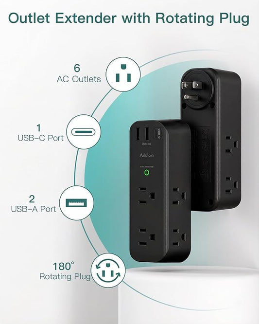 Addtam Surge Protector Outlet Extender with Rotating Plug, 6 AC Outlets & 3 USB Ports, 1800J Wall Power Strip, 3-Sided Spaced Outlet Splitter for Home, Office, Travel, Black