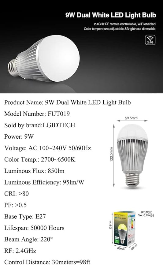LGIDTECH FUT019 Miboxer 9W LED Light Bulb WW+CW Warm White+Cool White Color Dual White CCT Temperature Adjustable,Memory Function