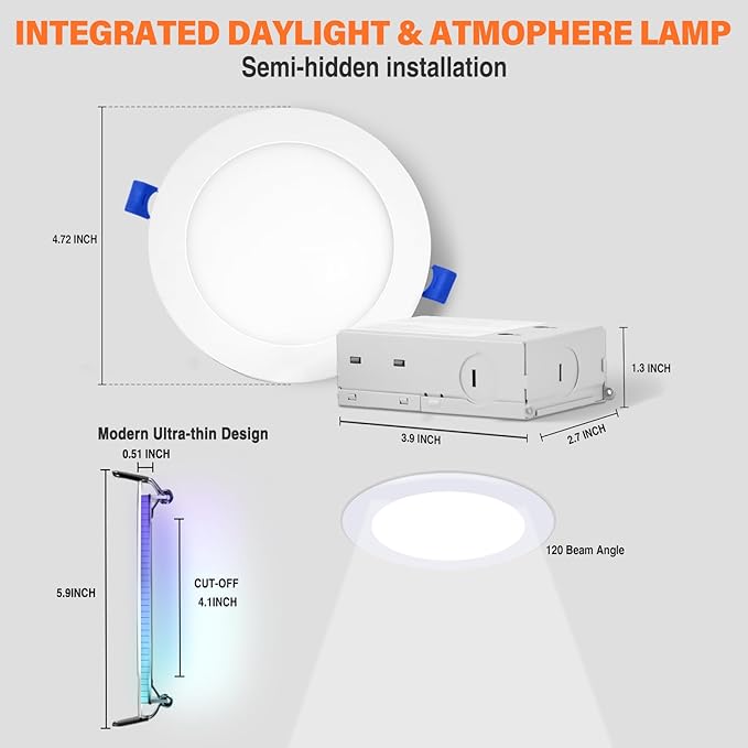 12Pack Smart RGB Recessed Lighting 4Inch,Ultra-Thin Canless LED Downlight,2.4GHz Wi-Fi Bluetooth, 2700K-6500K, 9W 810LM,Work with Tuya App,Alexa,Google Assistant,Sync Music