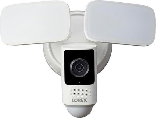 Lorex 2K Wi-Fi Floodlight Security Camera | White | 32GB MicroSD Card Included | No Monthly Fee | Color Night Vision | Motion Detection | 2-Way Talk | Siren | IP65 Weatherproof | Adjustable LEDs