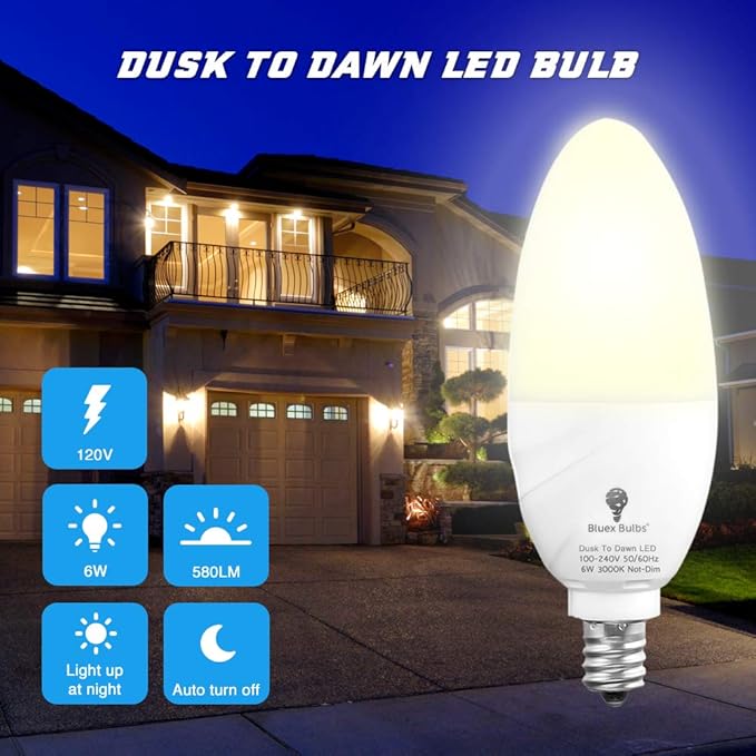 6 Pack BlueX Dusk to Dawn LED Bulbs, 6W E12 Base Light Bulb - 65W Equivalent – 3000K WarmLight White - Smart Light Sensor Candelabra Bulb, Home Security, Driveway, Yard, Porch Lighting