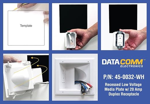 DATA COMM Electronics 45-0032-WH Commercial Grade Recessed AV/HDMI Cable Conceal Plate, 20 Amp Dual Power Receptacle, White – Low Profile, Large Cable Pass-Through, Secure Drywall Mounting