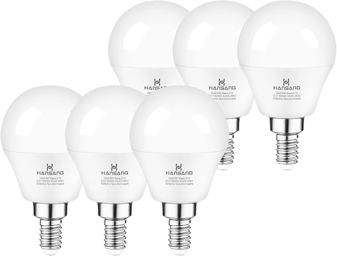 E12 LED Ceiling Fan Light Bulbs 6000K Cool Daylight, 6W 60Watt Equivalent, A15 Small Candelabra Base Chandelier Bulbs, 600LM, Non-dimmable, 6 Pack