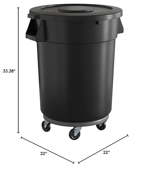 32 Gallon Black Round Commercial Trash Can with Lid and Dolly, Heavy-Duty Food Grade NSF Certified, Perfect for Restaurant, Office, School, Garage, Backyard, Workshop, Warehouse