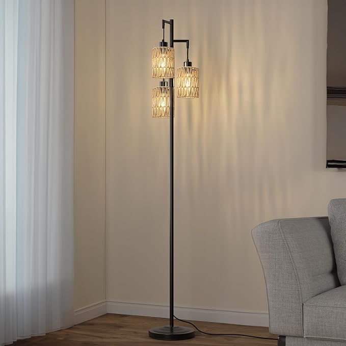 Oneach 70" Floor Lamps for Living Room, Stepless Dimmable Boho Floor Lamp with 3 Bulbs, Tall Farmhouse Industrial Corner Standing Tree Lamp for Bedroom, Office, Study Room, Dining Room, Black