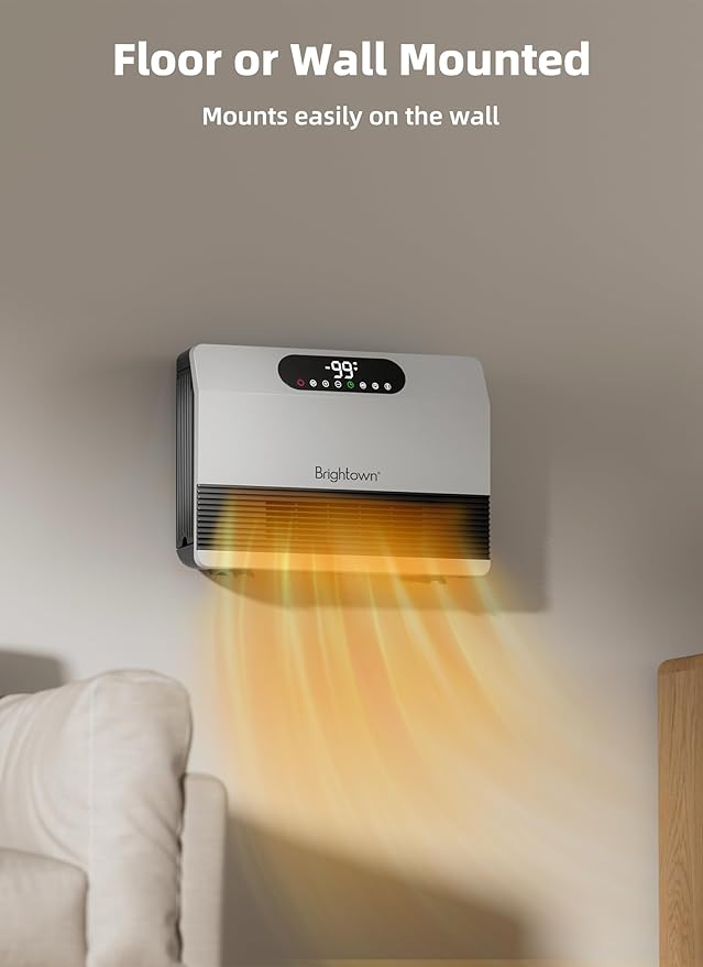 Brightown Wall Heater, Heater for Indoor Use 1500W, 5 Optional Modes, Adjustable Thermostat, Easy Mount Home Space Heater for Bedroom Bathroom with Remote Control, 12H Timer, Works with Alexa, White