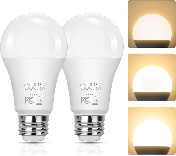 3 Way Light Bulbs 40 70 100W Equivalent, LED Dimmable A19 Three Way Light Bulbs Soft White 3000K, E26 Medium Base, 4/8/12W Energy Saving 3 Way Bulb for Floor Lamp Desk Lamp Table Lamp Reading, 2-Pack