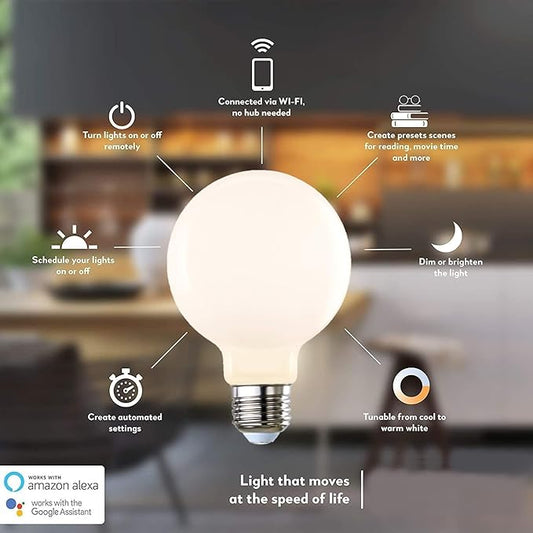 Diodesy- G25 Smart Globe Wifi Light Bulb Milky Finish 5.5W (60W Equivalent) 500 Lumen 2200K-6500K Selectable E26 Medium Base Pack of 4- Compatible with Alexa and Google Home & Control with Voice/App