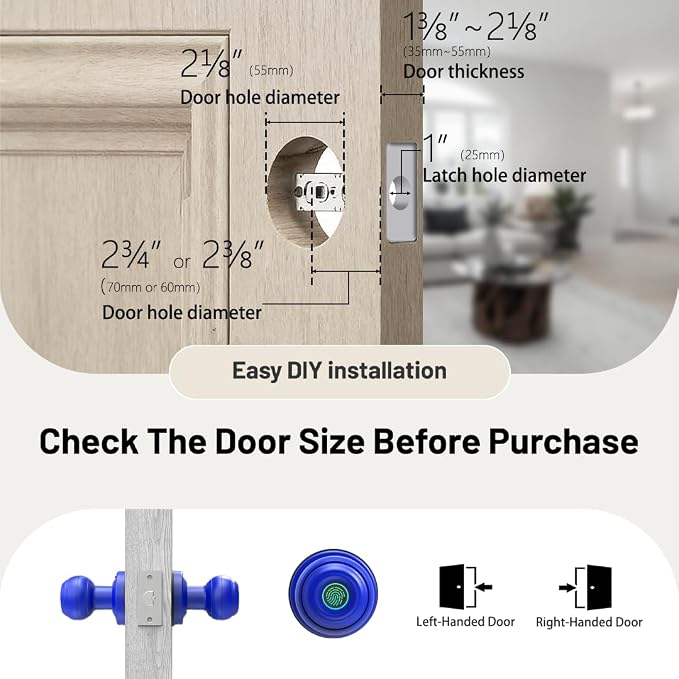 Smart Fingerprint Door Lock Knob, Tuya App Keyless Entry, Blue | Biometric Handle, Auto Lock, Remote Access,Easy Installation