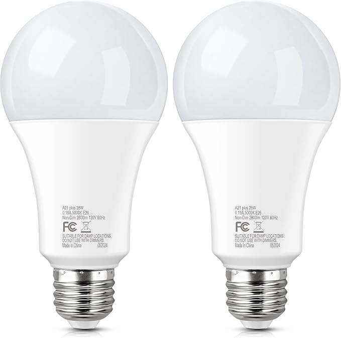 200-250 Watt Equivalent LED Light Bulb, A21 Super Bright LED Light Bulbs 25W, High Output 3050 Lumens, E26 Daylight White 5000K for Home, Office, Store, Garage, Warehouse, Garden, 2-Pack