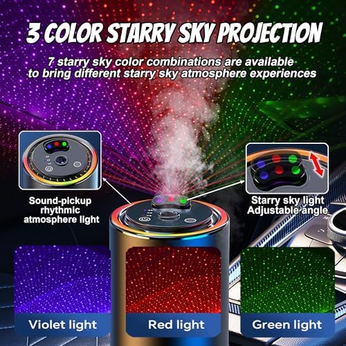 Smart Car Air Freshener, Car Air Freshener Diffuser with 3 Color Starry Sky Projection, Cars Scent Diffuser with RGB Music Syncing Light, 3 Mode Adjustable, Auto On/Off Cars Diffuser, 50ml Cologne