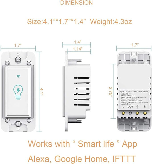 Smart Light Switch, Compatible with Alexa, Google Assistant, IFTTT, WiFi Light, Neutral Wire Required, Schedule Setting APP Remote Control, ETL, No Hub Required (Smart Switch 2pack)