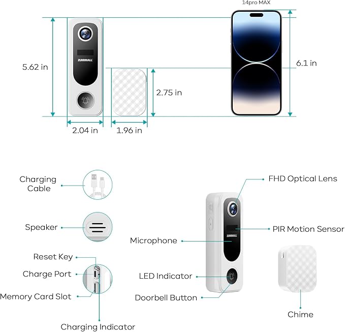 ZUMIMALL 2K Wireless Doorbell Camera No Subscription, Battery Powered
