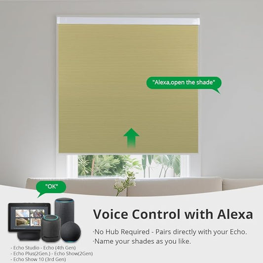 Motorized Cellular Shades with Remote Blackout Honeycomb Smart Blinds Options for Indoor Windows, Remote/Alexa/Matter Compatible, Easy DIY Installation (Apricot)