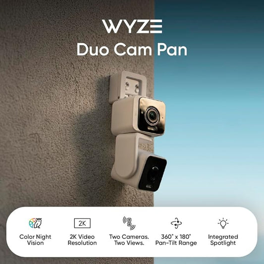 WYZE Duo Cam Pan Indoor/Outdoor IP65 2K 360° Pan/Tilt Smart Home Security Camera with Color Night Vision, Compatible with Alexa & Google Assistant, White (Renewed)
