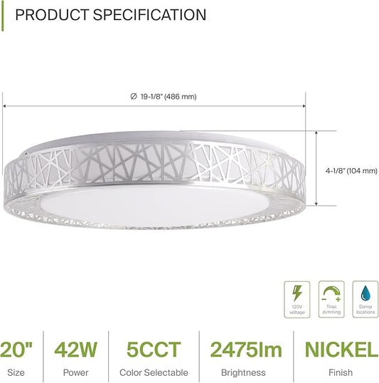 ASD 20 Inch LED Flush Mount Ceiling Light Fixture for Bedroom, 42W 2474LM 5CCT 2700K-5000K, Dimmable Lights, Dining, Living Room, Kitchen Lamps, Modern Home Lighting Fixtures, Nickel, ETL, 2 Pack
