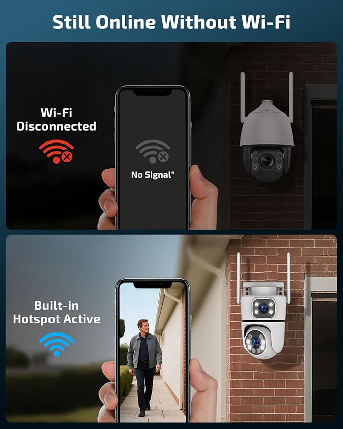 OHWOAI Dual View Wireless Outdoor Security Camera, 2.4G/5G WiFi PTZ Surveillance Cameras with Color Night Vision for Home Security
